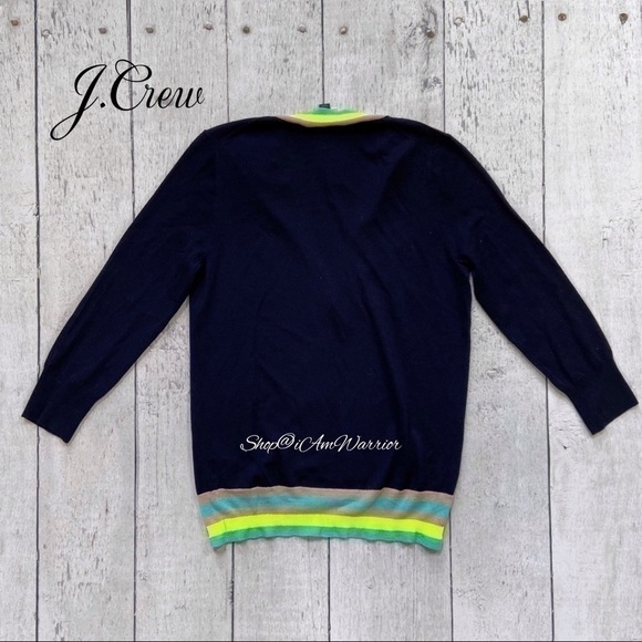 J.Crew NWT navy lightweight v-neck cardigan with neon striped trim - Picture 9 of 11
